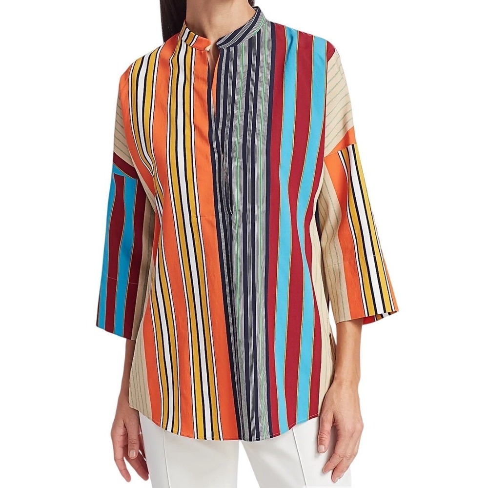 Akris Punto Parasol Striped Kimono Blouse V-Neck Tunic Top 3/4 Sleeve 12